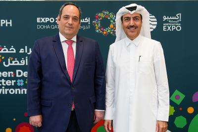 The Secretary General of the Bureau International des Expositions (BIE), Dimitri S. Kerkentzes (left) and the Secretary General of Expo 2023 Doha, Mohammed Ali Alkhoori (right)